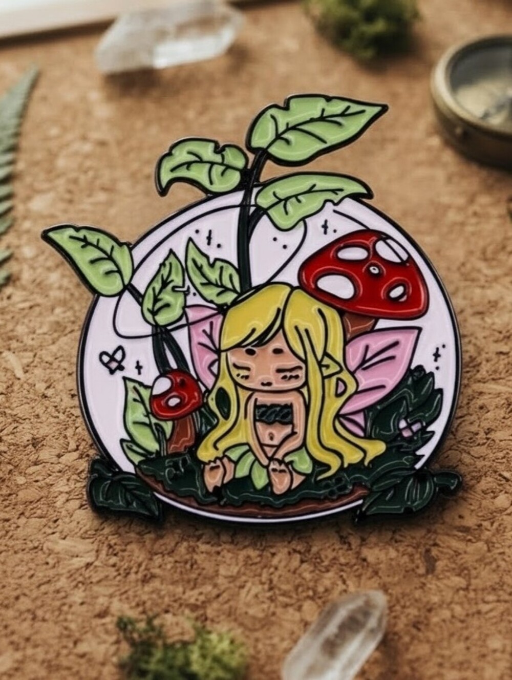 Fairy Terrarium Enamel Pin: Cute Pixie Girl, Mushroom Plants Cottagecore Badge